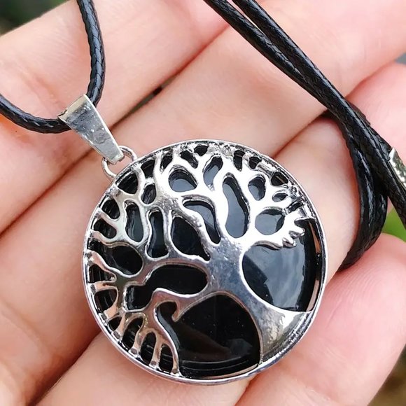 Black Obsidian Natural Gemstone Tree Of Life Round Pendant Gemstone Necklace - Picture 2 of 2